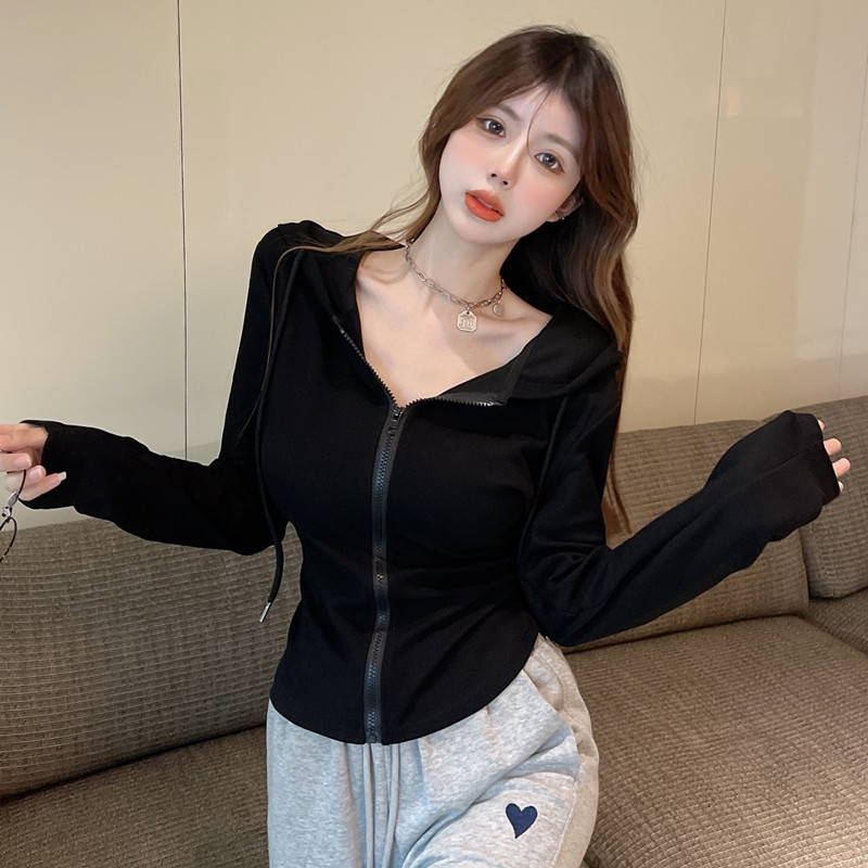 Plus size fat girl looks slim and slim short top zipper hoodie women's inner design t-shirt