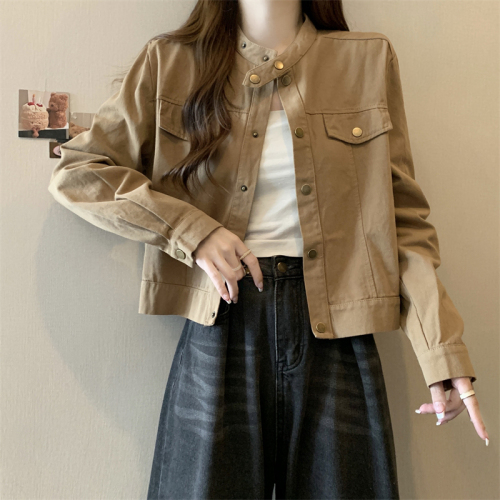 Large size stand collar brown coat women's short style small autumn new retro jacket brown