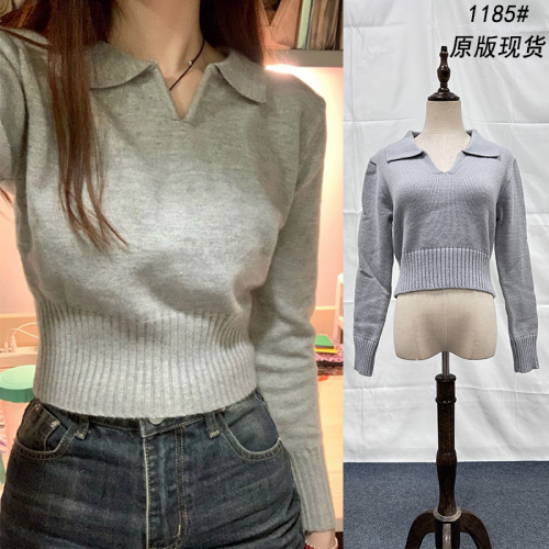 Ready stock ~ polo collar knitted bottoming shirt for women spring and autumn new sweater slimming Korean style versatile slim temperament top