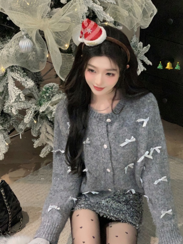 French style small fragrance heavy industry soft waxy bow gray sweater jacket for women autumn and winter lazy style thickened knitted cardigan