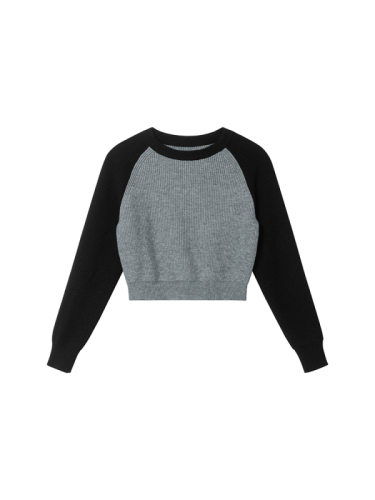 Contrast color raglan sleeve round neck sweater for women early autumn new loose short knitted top for small people