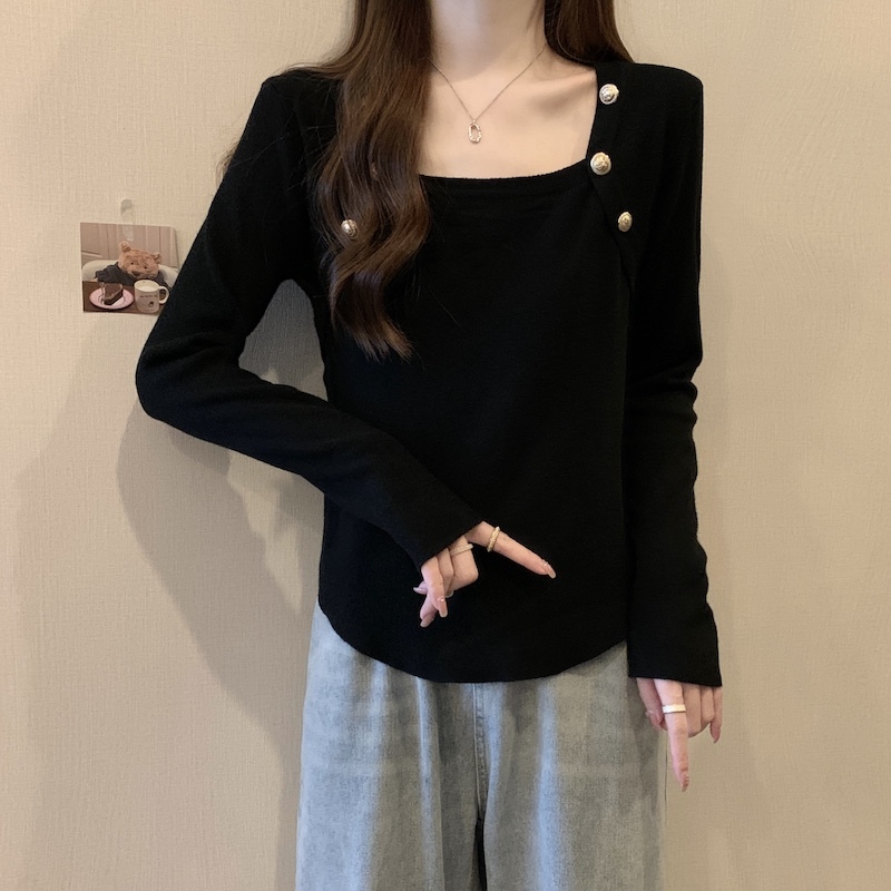 Large size irregular knitted bottoming shirt for women in autumn and winter, fat mm, small fragrance style inner sweater square collar top