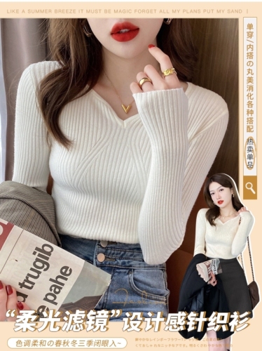 V-neck apricot knitted bottoming shirt for women in spring, autumn and winter, new slim fit sweater long-sleeved top