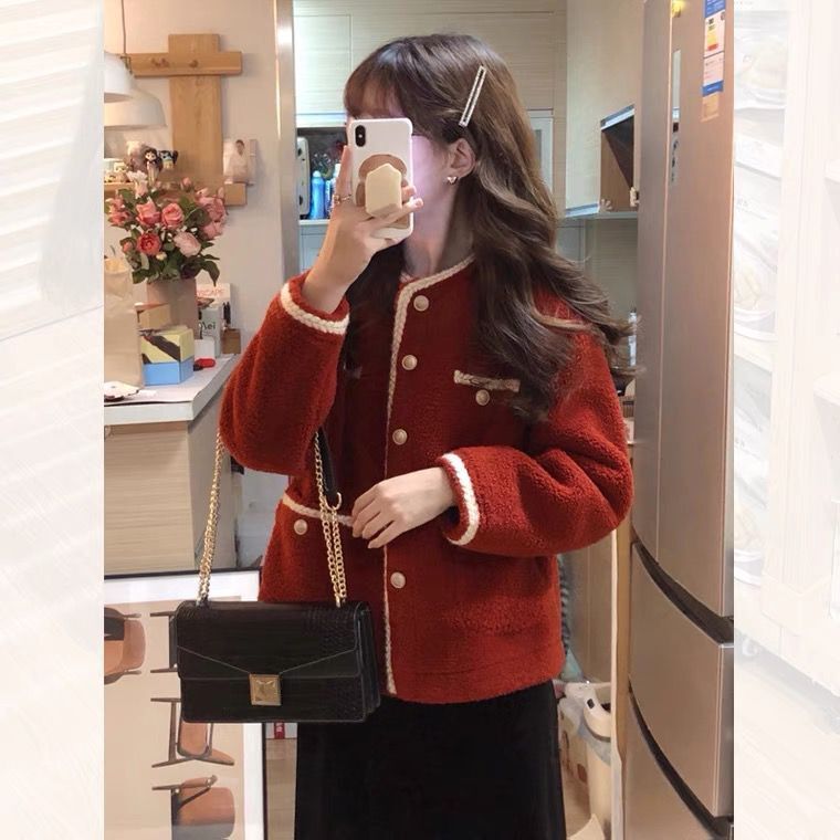 Red small fragrant jacket for women in autumn and winter new style thickened lamb fur one-piece short top for small people