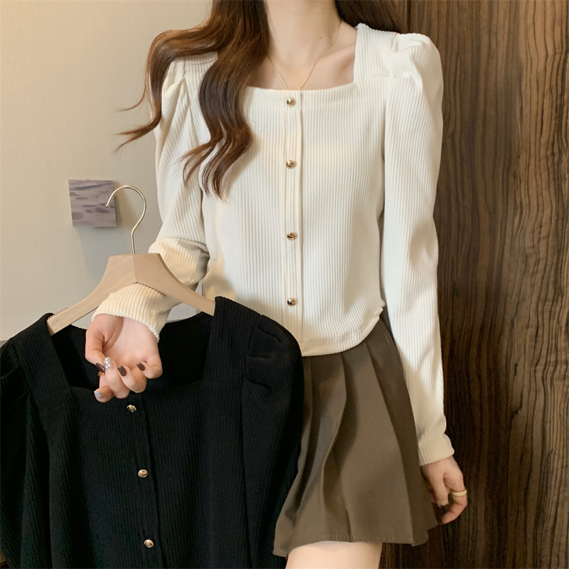 New large size fat girl square collar pullover knitted long-sleeved T-shirt