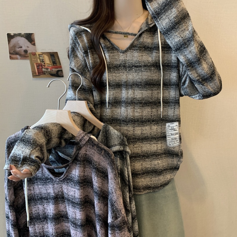 Plus size women's new autumn fashion hooded striped sweater fat MM loose slimming top