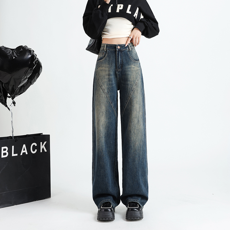 Early Autumn Blue Street Hong Kong Style Retro Wide Leg Pants Casual Versatile Straight Washed Versatile Spliced ​​Denim Dad Pants