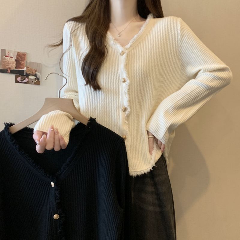 Autumn new large size fat girl tassel edge small fragrant knitted long-sleeved cardigan sweater