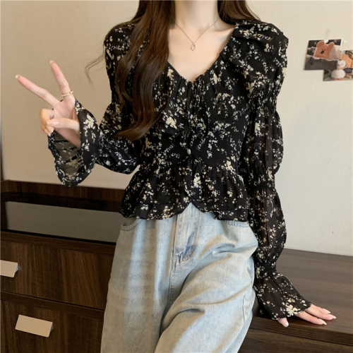 Large size retro design short chic top women's French floral V-neck puff long-sleeved shirt