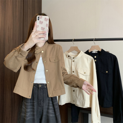 Large size stand collar brown coat women's short style small autumn new retro jacket brown