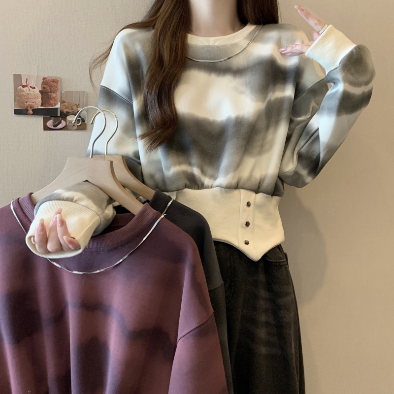 Design niche chain print gradient short sweatshirt for women 2024 autumn new round neck waist top