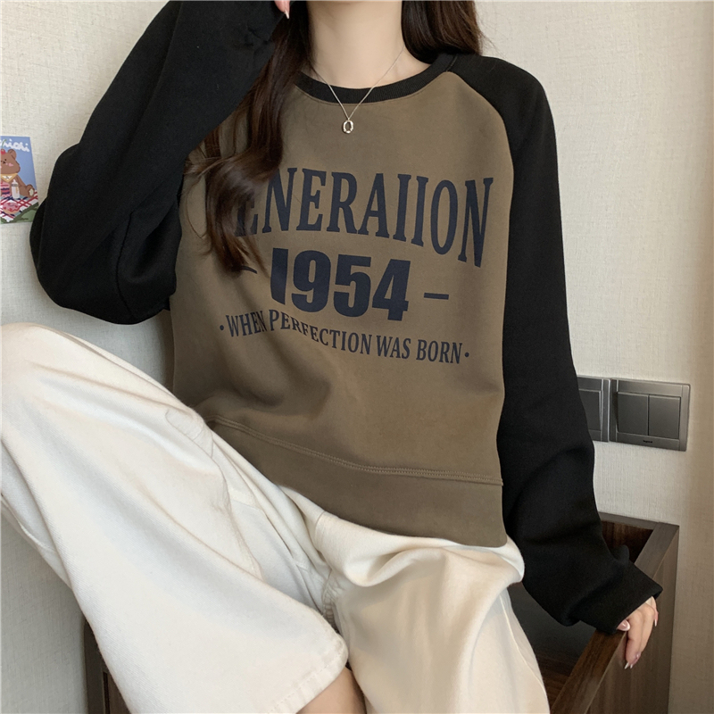 Autumn new contrasting color stitching, slimming and versatile letter printing round neck short loose long-sleeved sweatshirt women's top trendy