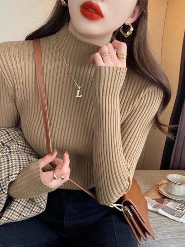 Sweater women's new winter half turtleneck knitted bottoming sweater with white western style top inside autumn and winter
