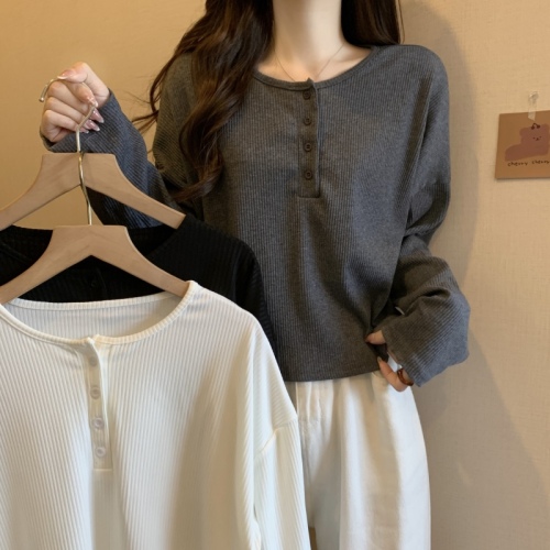 Large size Korean style pitted knitted long-sleeved T-shirt, chic women's early autumn bottoming shirt, short top