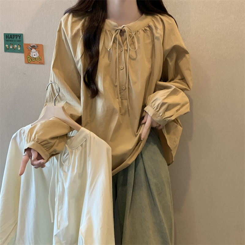 Large size new artistic casual lazy style versatile lace-up loose sweet long-sleeved shirt tops for women