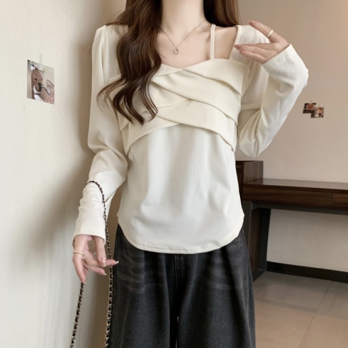 Large size square collar long-sleeved right shoulder T-shirt women's new autumn design slimming and flesh-covering top