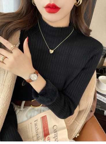 One-piece velvet plus velvet thickened high-end half-turtleneck sweater for women autumn and winter new bottoming shirt with inner top