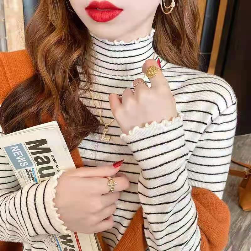 Striped half turtleneck fungus hem bottoming shirt for women in autumn and winter new style inner knitted sweater versatile top