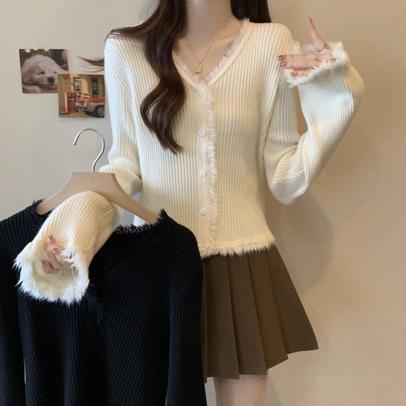 Plus size fat girl tassel splicing bell sleeves knitted long-sleeved cardigan sweater