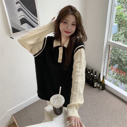 Large size polo collar fake two-piece long-sleeved sweater autumn and winter design niche patchwork sweater women's top