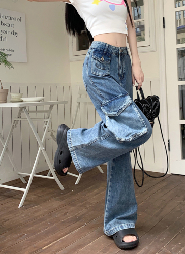 Summer New Workwear Jeans Women's American Retro High Waist Straight Wide Leg Floor-Mopping Pants