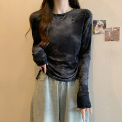 Plus size women's clothing for slightly fat mm autumn and winter American retro tie-dye drawstring tops, versatile slimming inner layering shirts