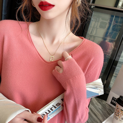 Bottoming shirt for women in spring and autumn, long-sleeved spring clothing, new style, thin style, popular online knitted v-neck top