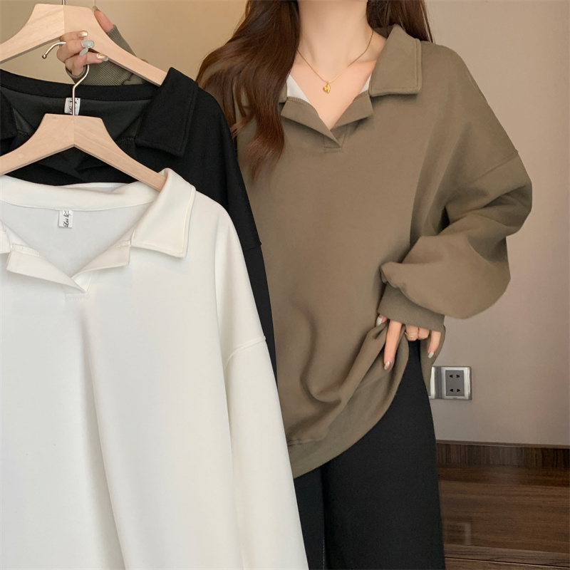 Lazy style POLO collar sweatshirt for women, autumn style for fat girls, loose slimming top, mid-length jacket