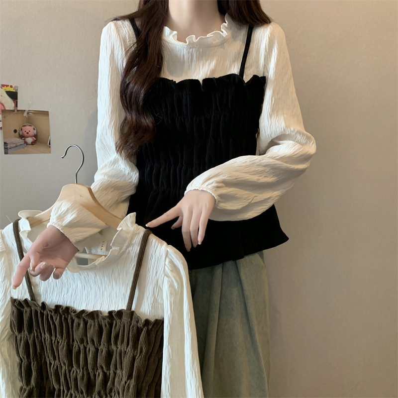 Large size French corduroy stitching contrasting color design fake two-piece pleated slimming niche baby doll top