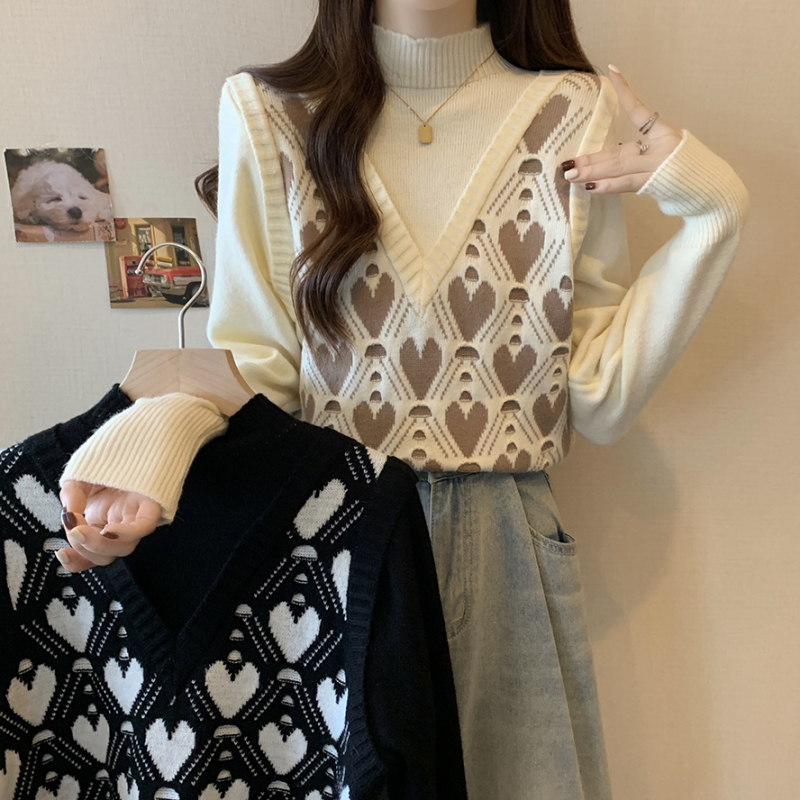 New autumn and winter half turtleneck love knitted sweater women's large size slimming fake two-piece single top