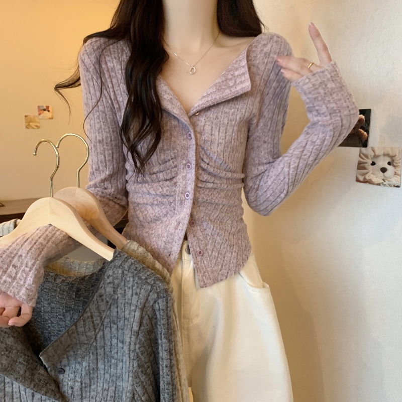 Plus size fat mm early autumn new long-sleeved cardigan top to cover belly knitted bottoming shirt to look slim