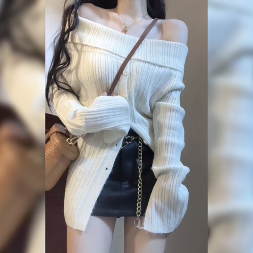 Pure lust style slit sweater for women new autumn design niche hot girl one-shoulder sweater top