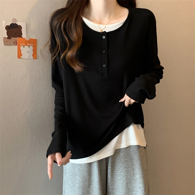 Plus size fat MM large size small breasted solid color loose slim long sleeve round neck black and white fake two-piece T-shirt
