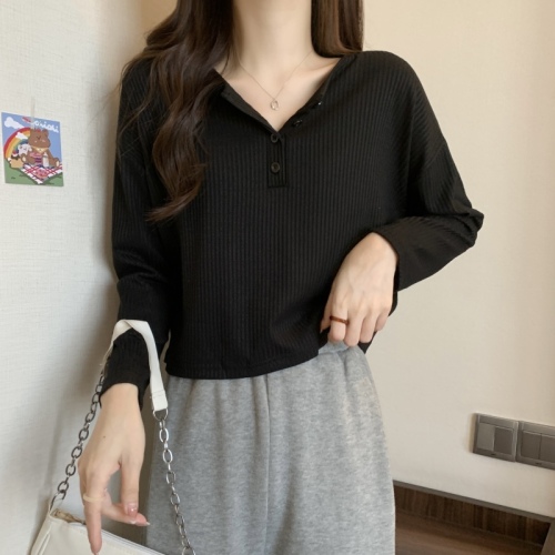 Large size Korean style pitted knitted long-sleeved T-shirt, chic women's early autumn bottoming shirt, short top