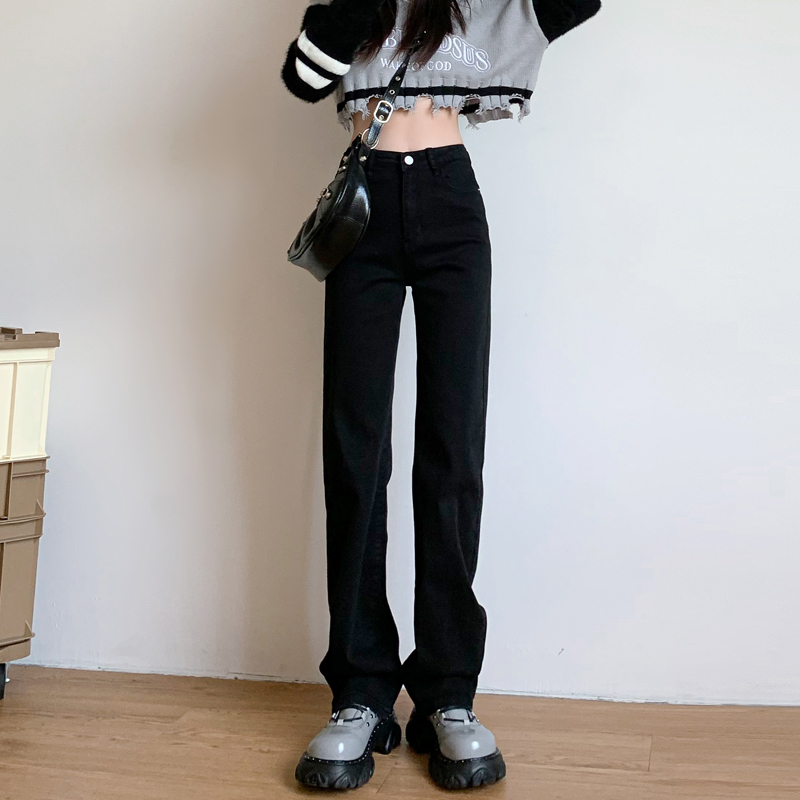 Jeans women's straight leg loose autumn and winter new slim high waist lengthened black pipe winter pants