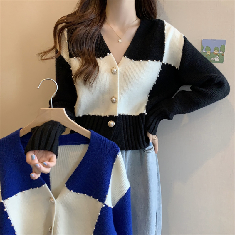 Design sense niche contrast color heavy industry v-neck sweater cardigan women's spring and autumn chic temperament hot style bottoming top