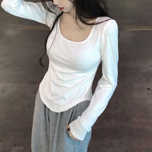 White square collar high-end slim fit T-shirt plus size women's autumn and winter new style top