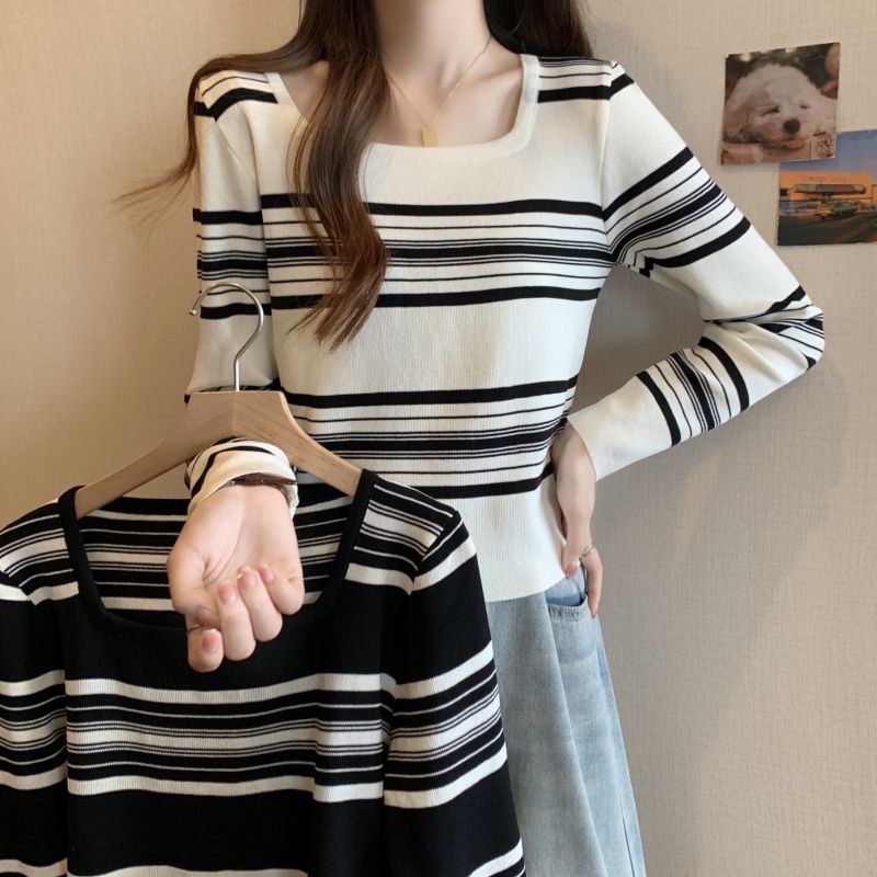 Autumn new large size fat girl French square collar striped short knitted long sleeves