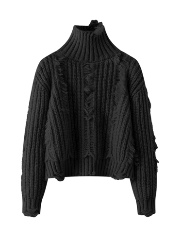 Small Internet celebrity fashion ripped tassel turtleneck pullover sweater early autumn new casual loose top trend