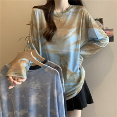 Large size fat mm mesh sun protection shirt with contrasting color tie-dye printing loose slimming western style lazy bottoming shirt