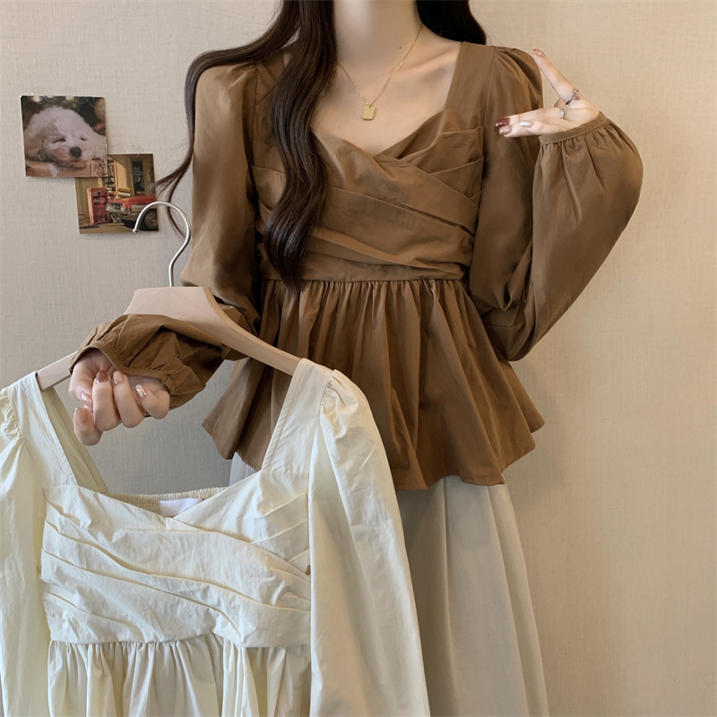 Large size early autumn design French niche casual sweet square collar fungus side versatile chic top shirt