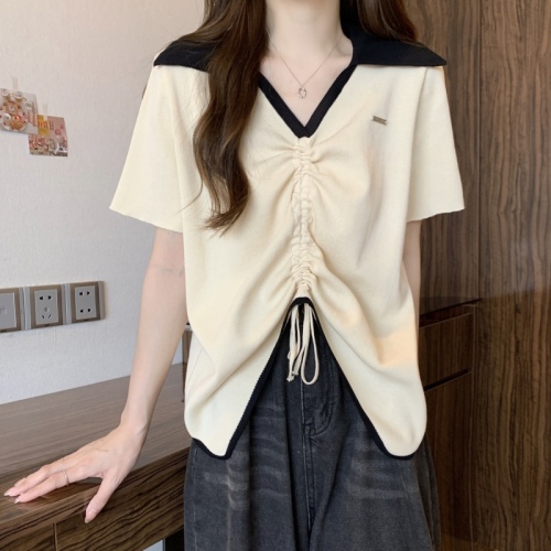 Large size fat mm design polo collar sweater slimming and covering the flesh irregular drawstring short-sleeved top