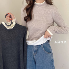 Plus size women's autumn and winter new style velvet thickened lace half turtleneck bottoming shirt