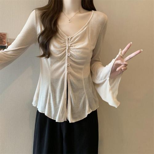 Plus size pure desire sun protection cardigan women's thin design V-neck trumpet long-sleeved sweater top