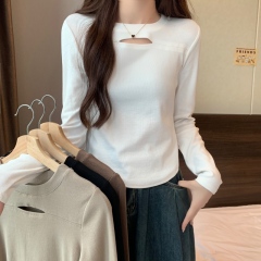 Plus size women's design hollow long sleeve t-shirt slim bottoming shirt