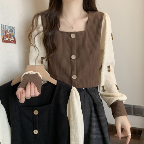 Large size French square collar retro long-sleeved shirt autumn top splicing design short slimming top