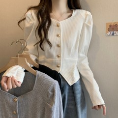 Large size autumn and winter retro square neck puff sleeve top slim design button long sleeve v-neck bottoming shirt