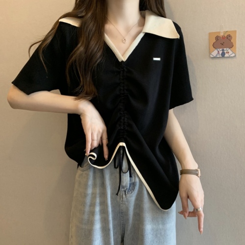 Large size fat mm design polo collar sweater slimming and covering the flesh irregular drawstring short-sleeved top