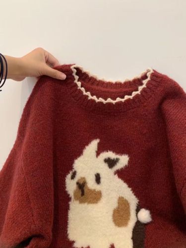 Christmas bunny red sweater for small women Japanese style lazy retro soft and thick chic top New Year clothes