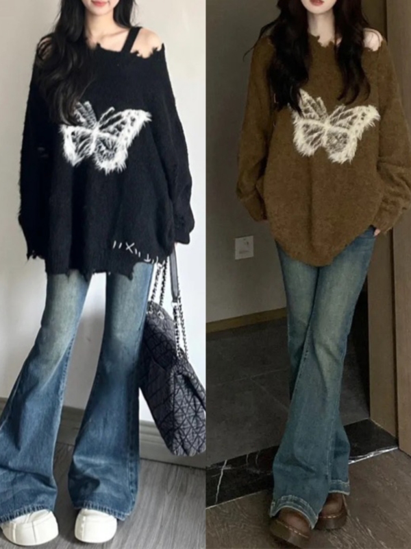 Ready stock ~ real price large size soft and waxy Japanese style bow lazy style loose feeling ripped sweater sweater